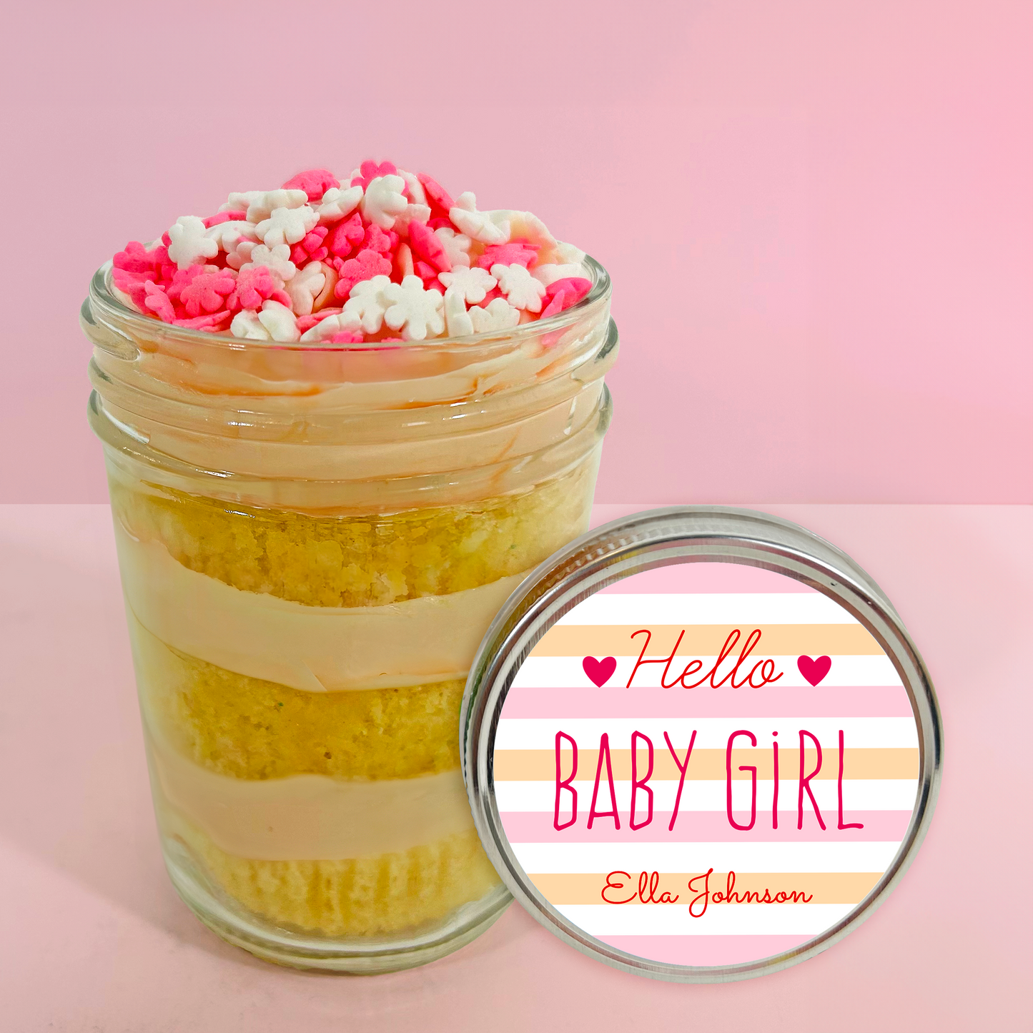 Lid label detail on a pretty in pink kosher cupcake jar.