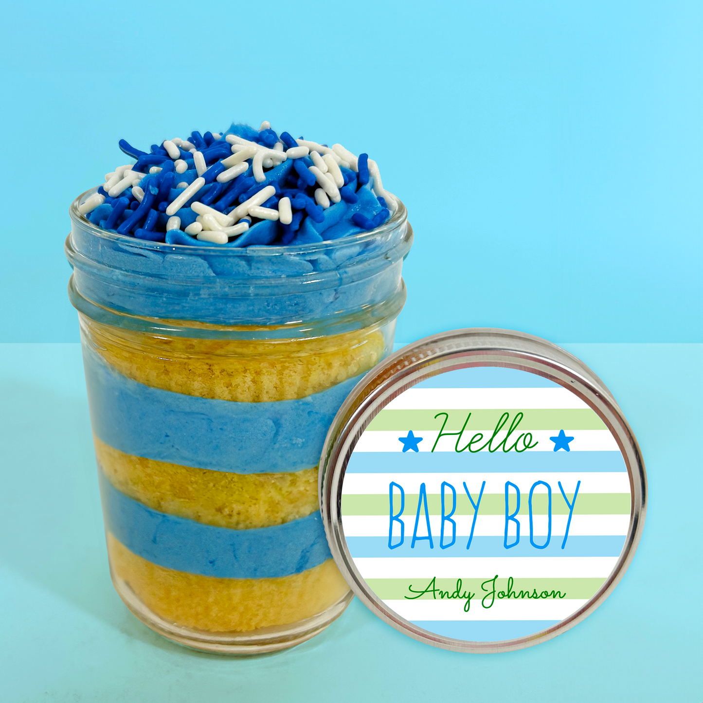 Lid label detail on a blue bliss kosher cupcake jar.