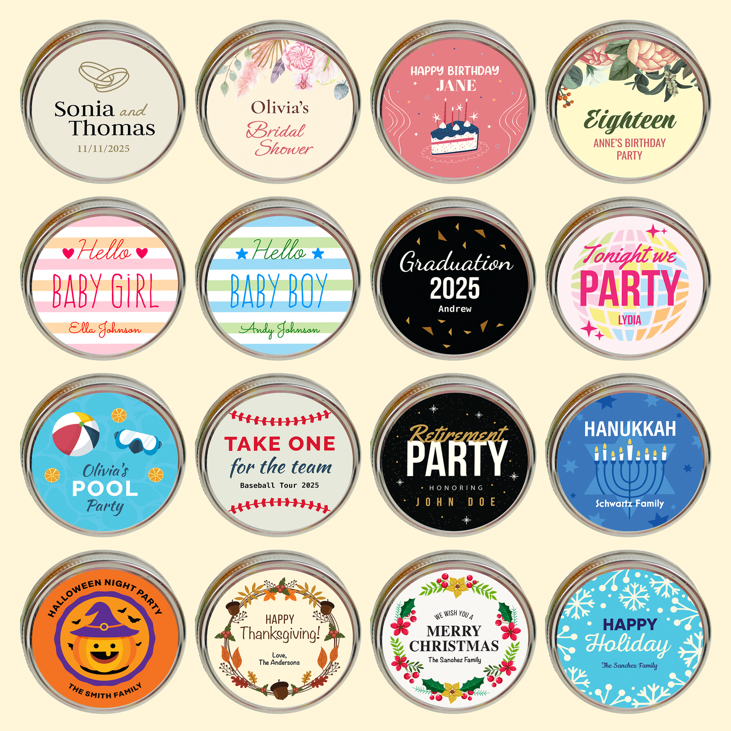 Sample lid label design templates for kosher cupcake jars, customizable to match any event theme.