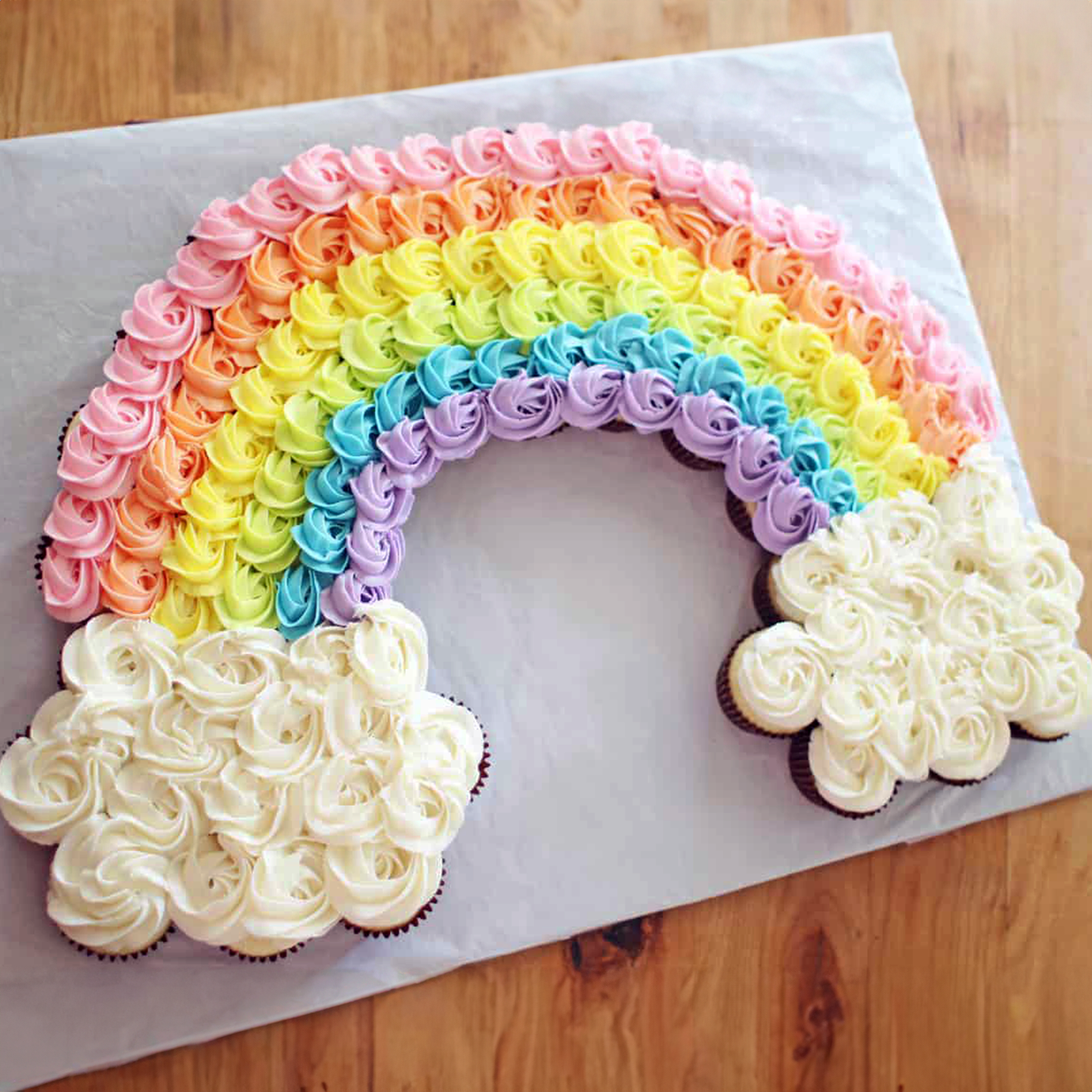 Rainbow Kosher Cupcake Cake, pull-apart cupcake arrangement in rainbow buttercream colors