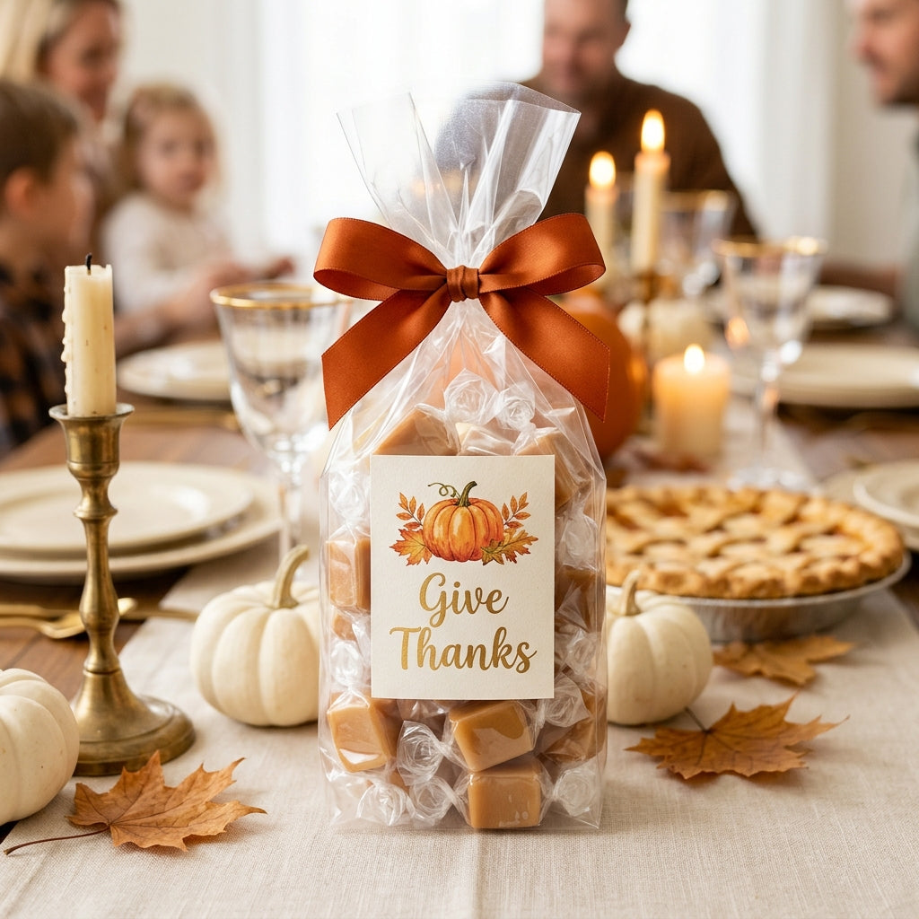 Caramel squares candy bag tied with a burnt orange ribbon and a printed Give Thanks pumpkin graphic label on a Thanksgiving table, kosher, made in Chestnut Hill MA