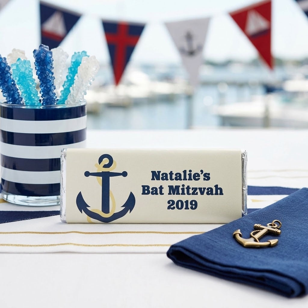 Anchor design, Anchor Bat Mitzvah wrapped Hershey bar styled at a preppy yacht club candy buffet