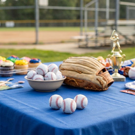 Baseball shaped milk chocolate favors on a little league team party table, kosher, made in Chestnut Hill MA