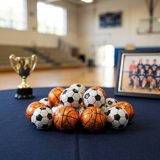 Basketball and soccer ball shaped chocolate favors on a youth sports banquet table, kosher, made in Chestnut Hill MA