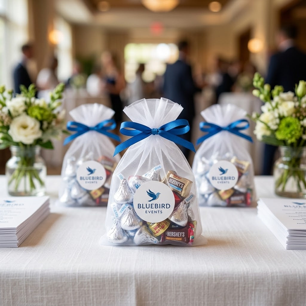 Custom Logo Favor Bag with Hershey's Kisses and a Bluebird Events logo label on a company welcome table, kosher, made in Chestnut Hill MA