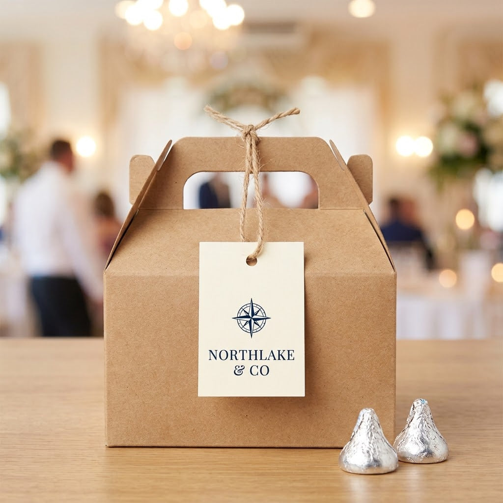 Custom Logo Gable Box with a printed gift tag, filled with Hershey's Kisses at a corporate event, kosher, made in Chestnut Hill MA