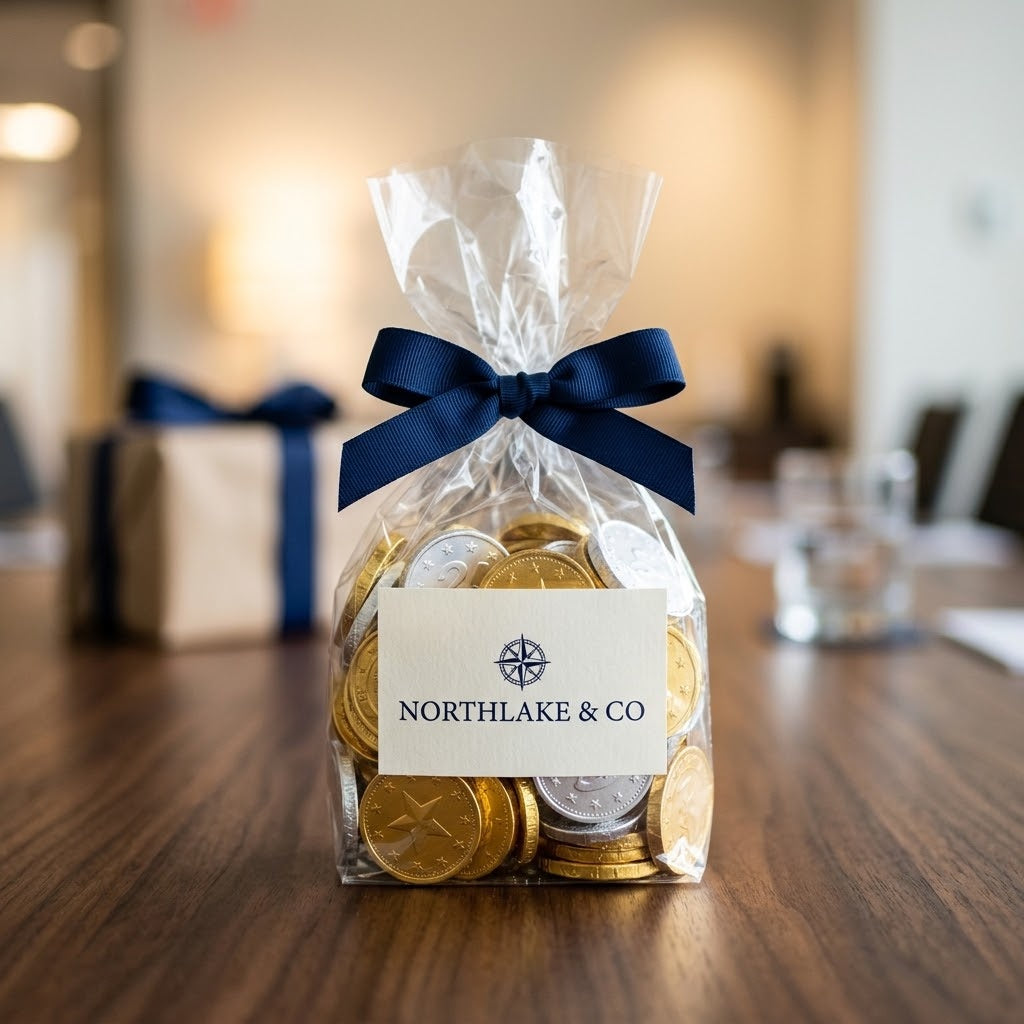 Custom Logo Madelaine Chocolate Coins in a labeled bag on a boardroom table, kosher, made in Chestnut Hill MA