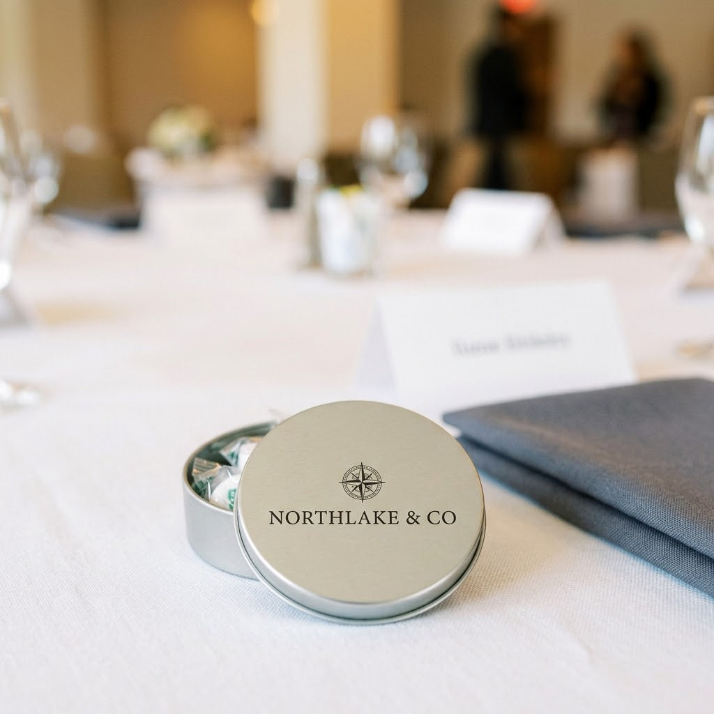 Custom Logo Mints and Life Savers Tin on a conference table place setting, kosher, made in Chestnut Hill MA