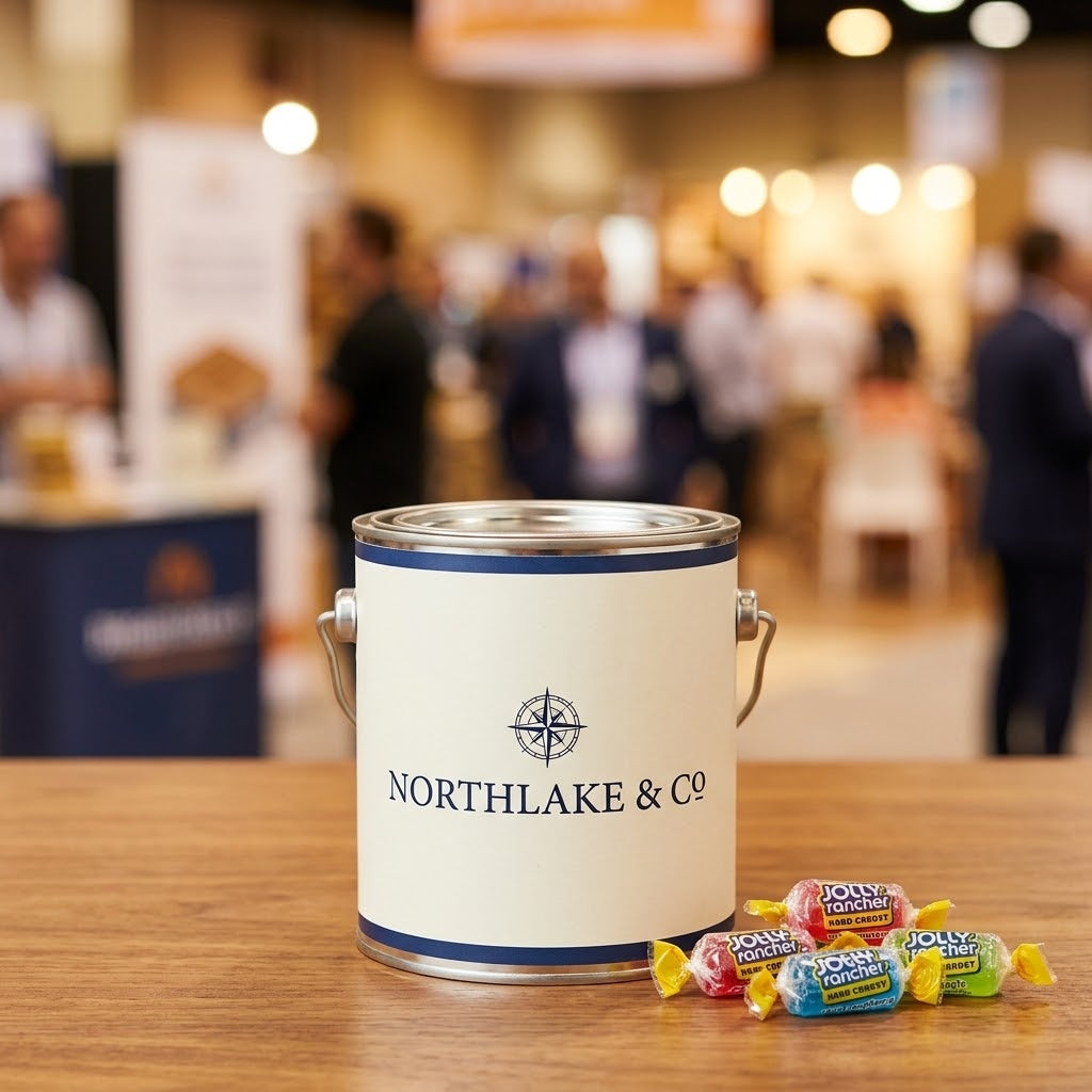 Custom Logo Paint Can filled with Jolly Rancher hard candy at a trade show, kosher, made in Chestnut Hill MA