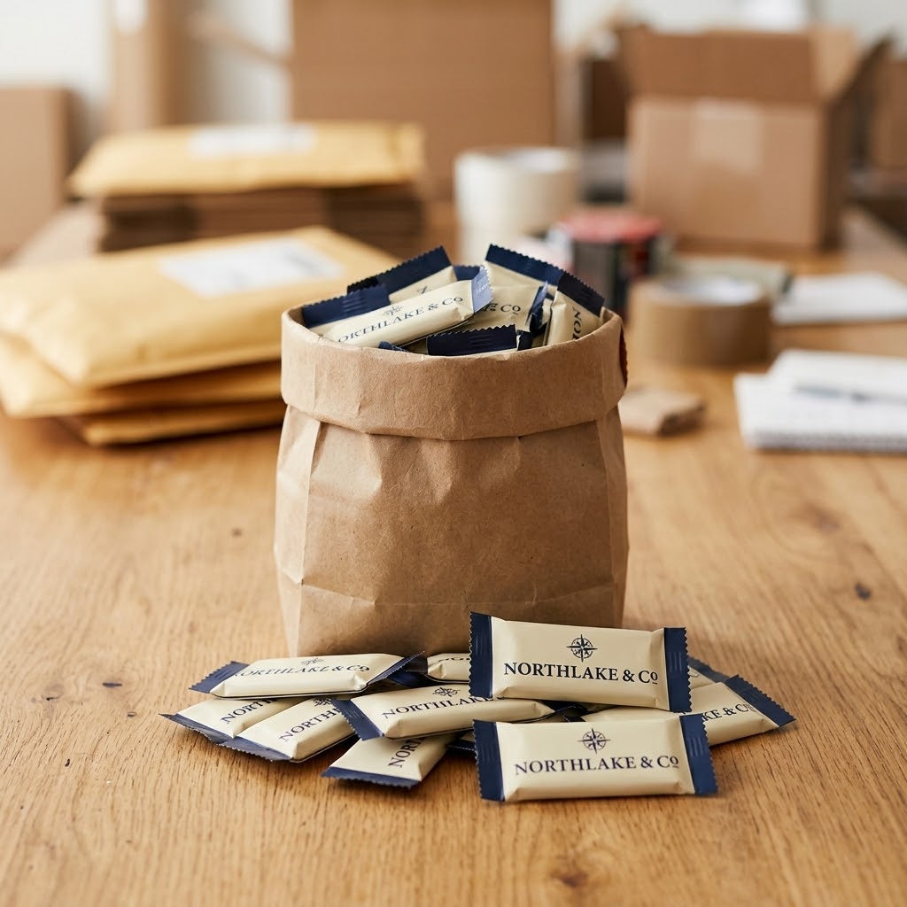 Custom Logo Snack Size Bars in a kraft bag on a mailroom packing table, kosher, made in Chestnut Hill MA
