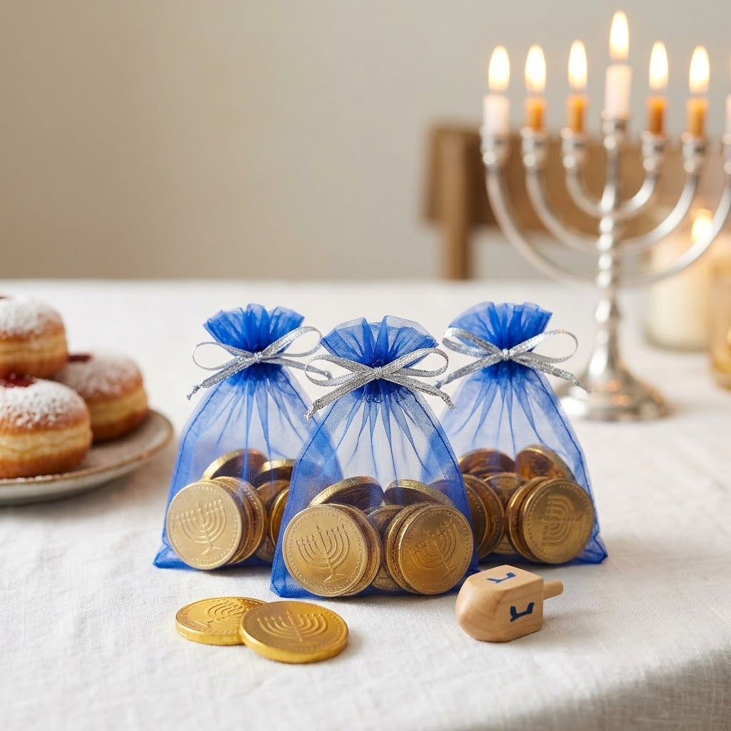 Blue organza Hanukkah gelt bags with gold chocolate coins and a dreidel beside a menorah, kosher, made in Chestnut Hill MA