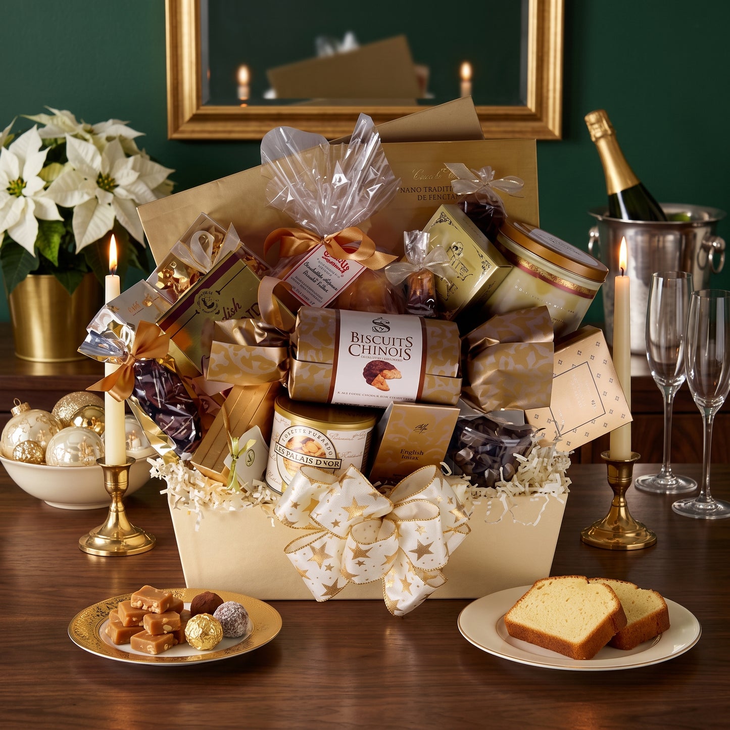 Holiday extravaganza gift basket in a gold moire keepsake box with pound cake, Lindt chocolates, toffee and truffles, on a dining room sideboard set for a Christmas dinner