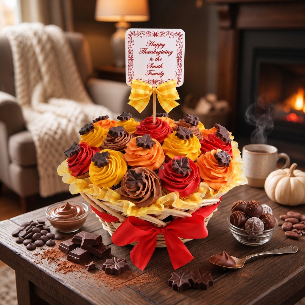 Autumn Cupcake Bouquet of red, orange, yellow and chocolate cupcakes with chocolate maple leaves and a Happy Thanksgiving topper on a wooden pick, in a basket, kosher, made in Chestnut Hill MA