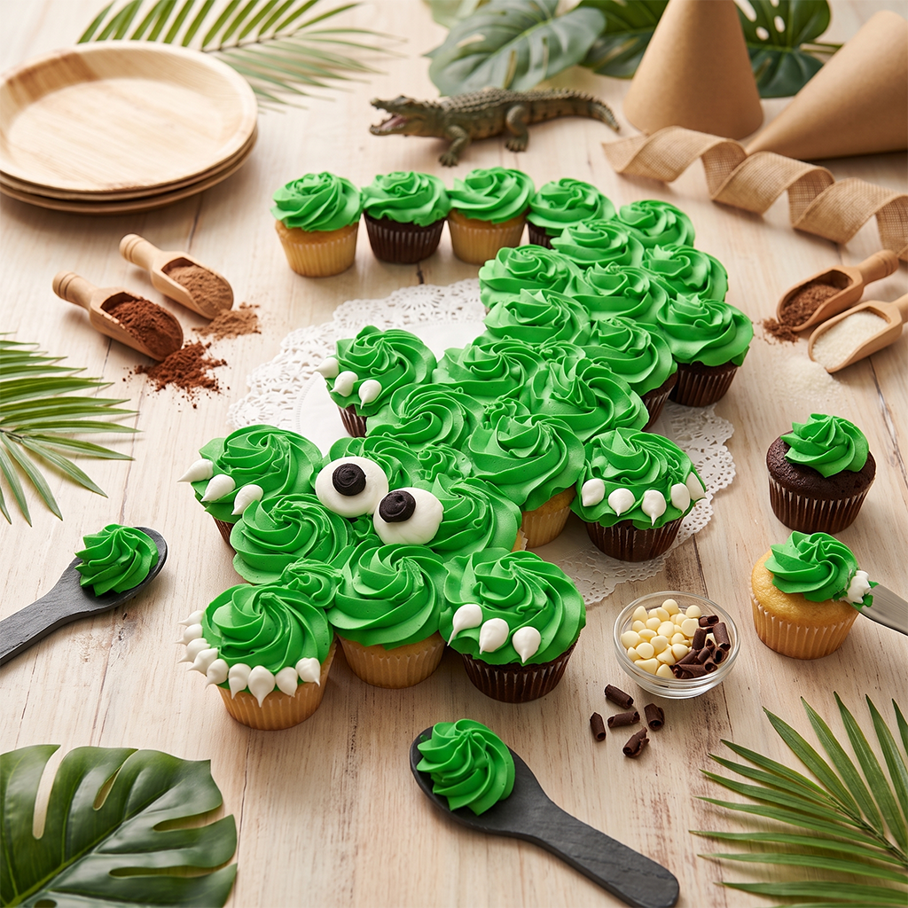 Crocodile Kosher Cupcake Cake, pull-apart cupcake arrangement shaped like a crocodile