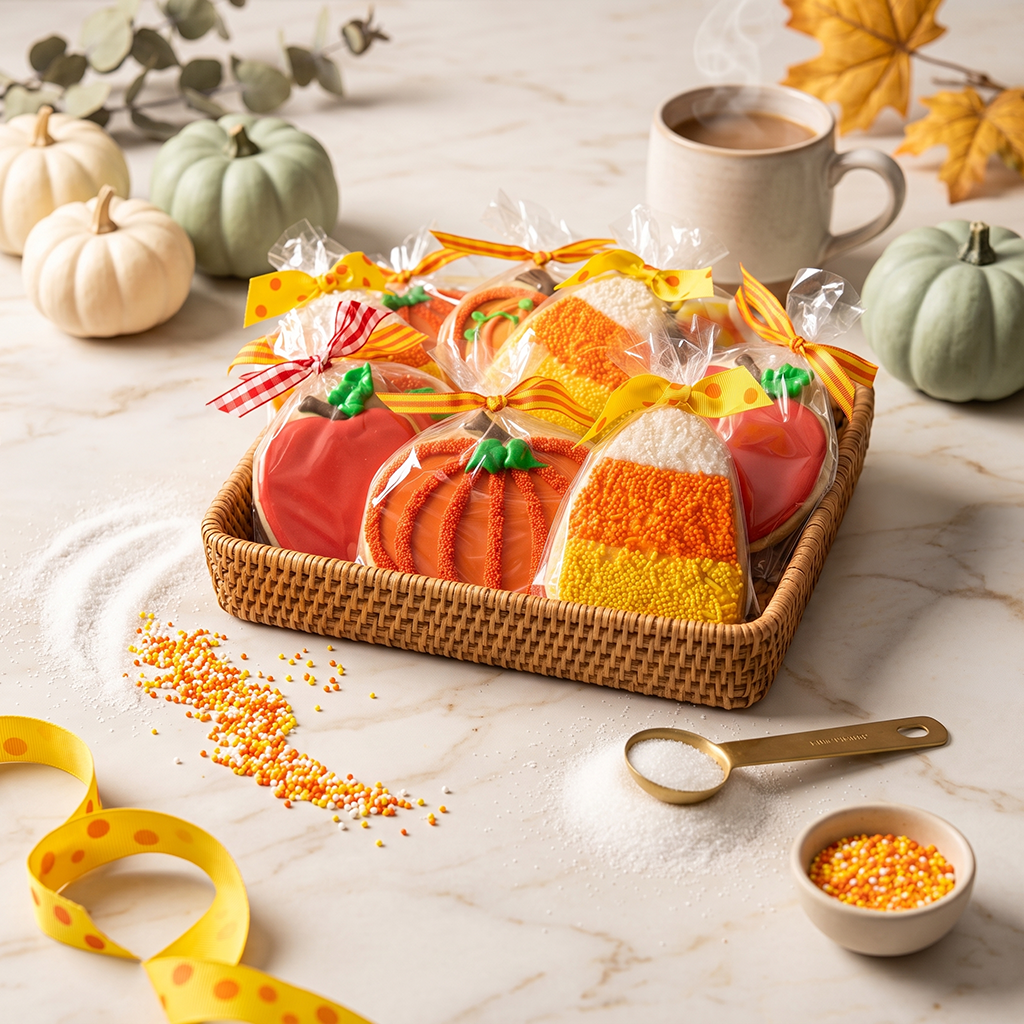 Fall assorted kosher decorated sugar cookies with pumpkin, candy corn and autumn leaf designs