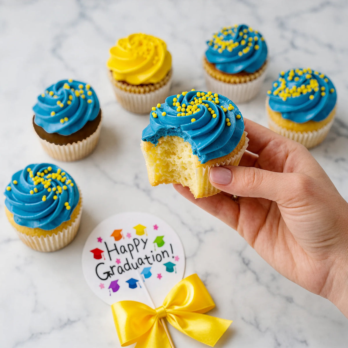 Blue and yellow buttercream graduation cupcakes with yellow sprinkles beside a Happy Graduation topper, one bitten to show vanilla cake, kosher, made in Chestnut Hill MA