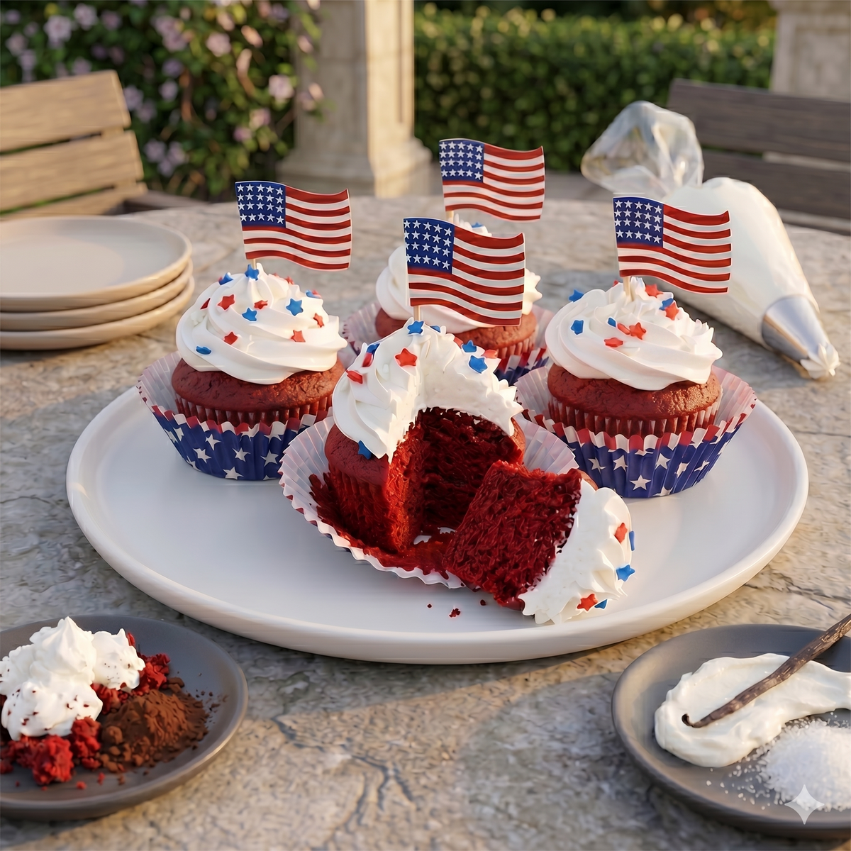 Red velvet Liberty Gourmet Cupcakes with white frosting, star sprinkles and flag picks, one cut open on a platter, kosher, made in Chestnut Hill MA