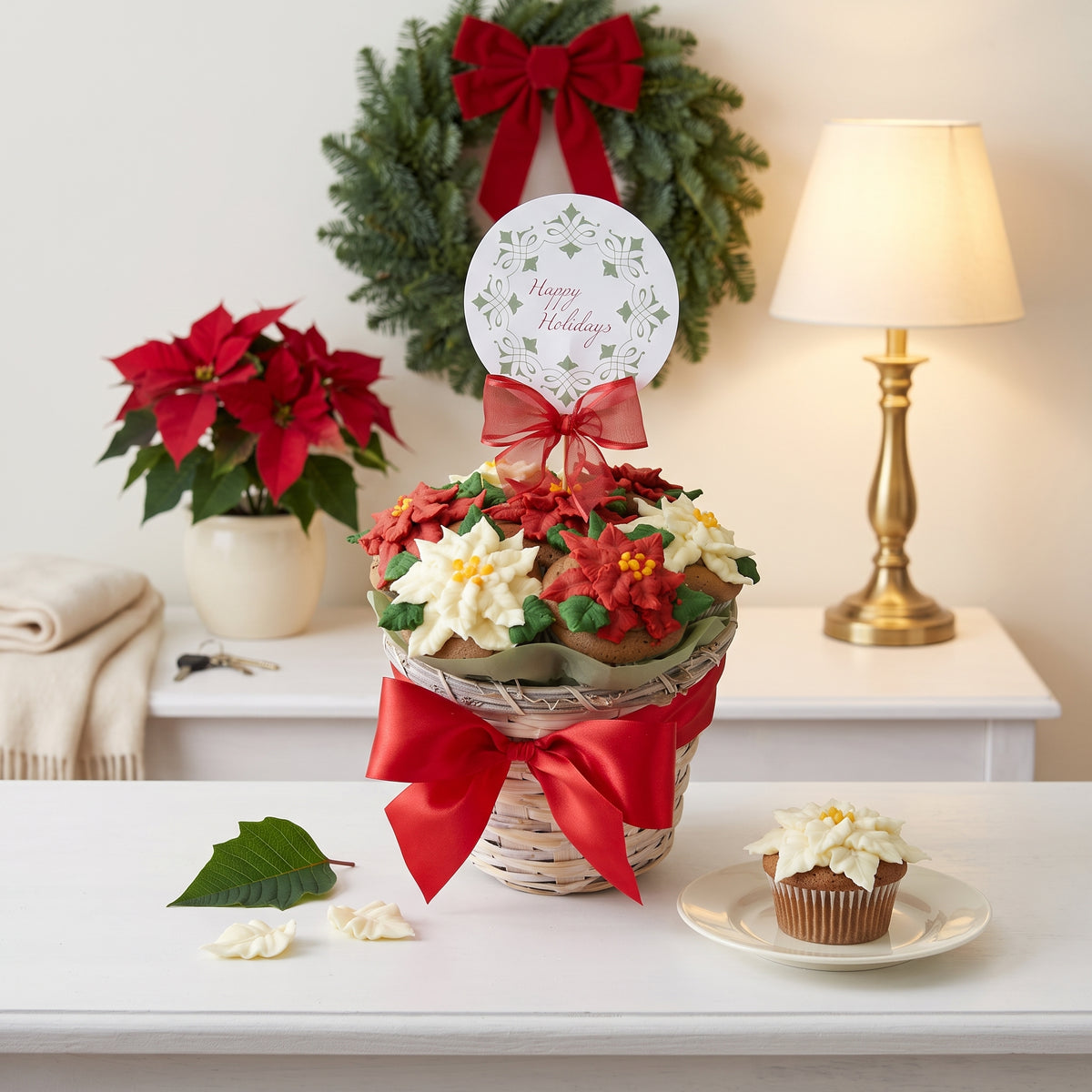 Poinsettia kosher cupcake bouquet in a woven basket with hand piped red and ivory buttercream poinsettias, set out as a hostess gift on an entry console