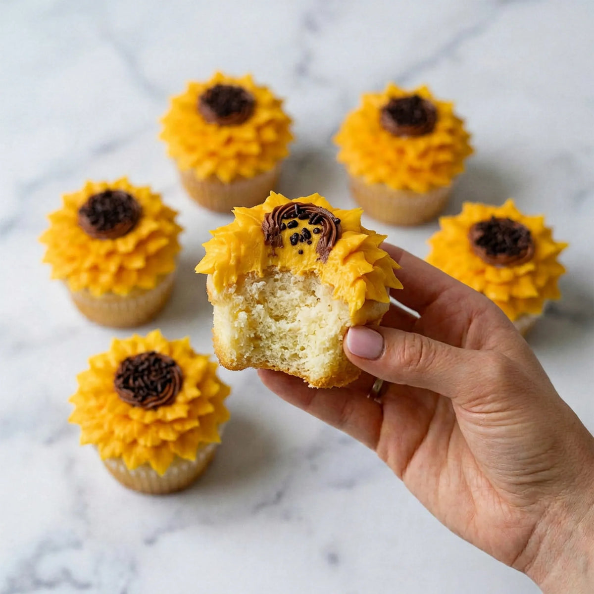 Sunflower cupcake bouquet in a cream pot with a round Bring on the Sun topper on a wooden coffee table in a sunny living room, kosher, made in Chestnut Hill MA