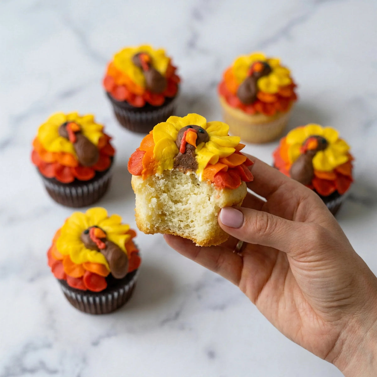 Turkey decorated cupcakes on marble, one held in hand showing vanilla cake, kosher, made in Chestnut Hill MA