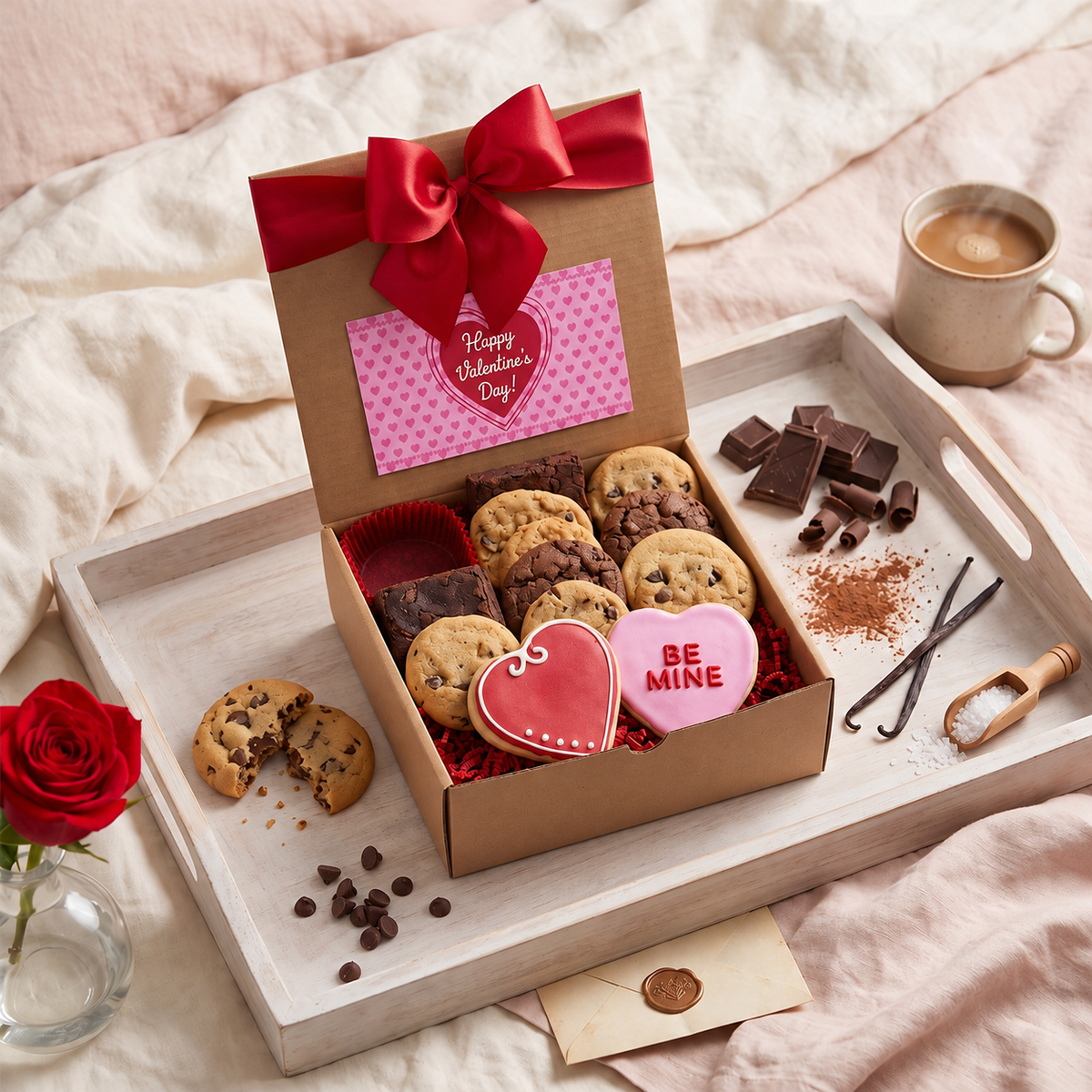 Valentine's Day kosher cookies and brownies gift box on a breakfast tray | Iris Lee