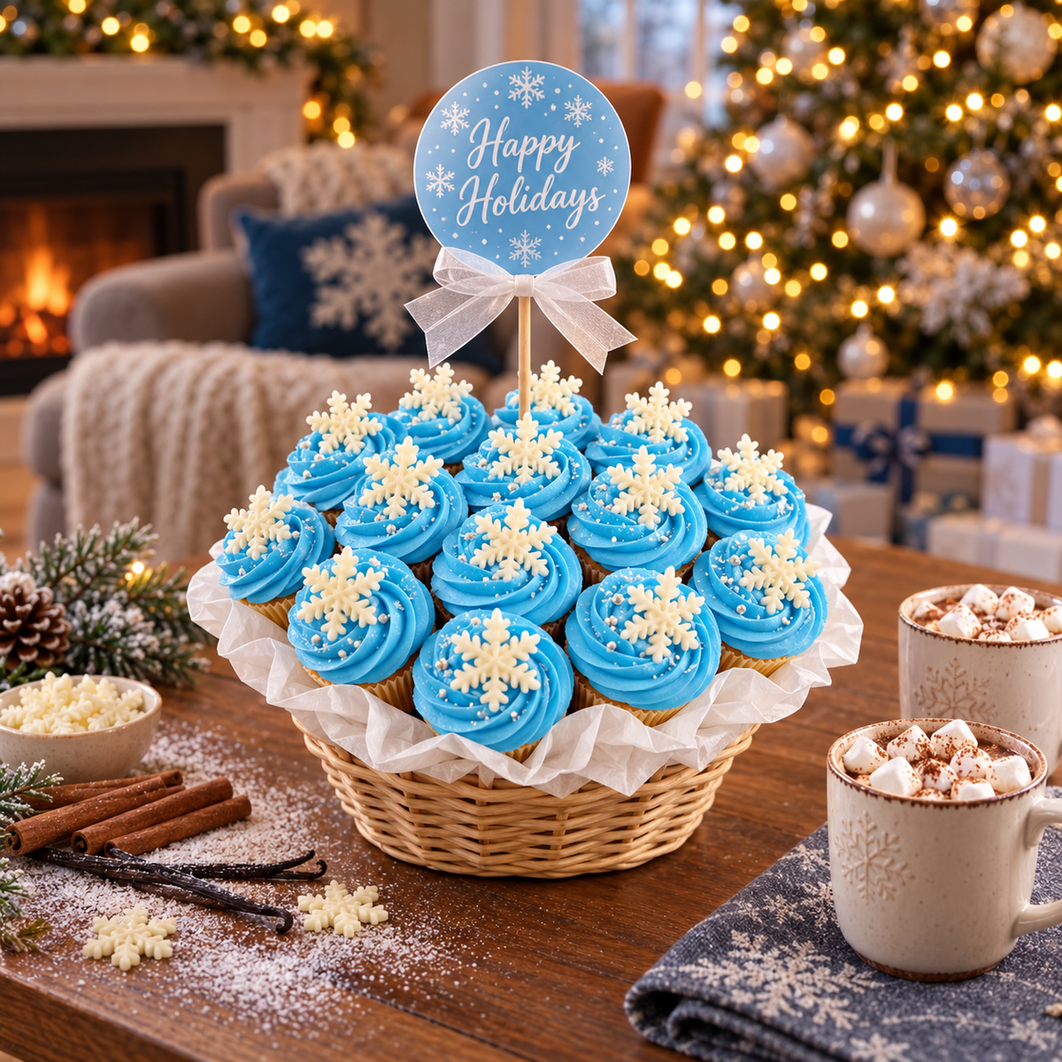 Winter Cupcake Bouquet of 19 cupcakes domed in a round wicker basket, sky blue buttercream with white chocolate snowflakes and a Happy Holidays topper, kosher, made in Chestnut Hill MA