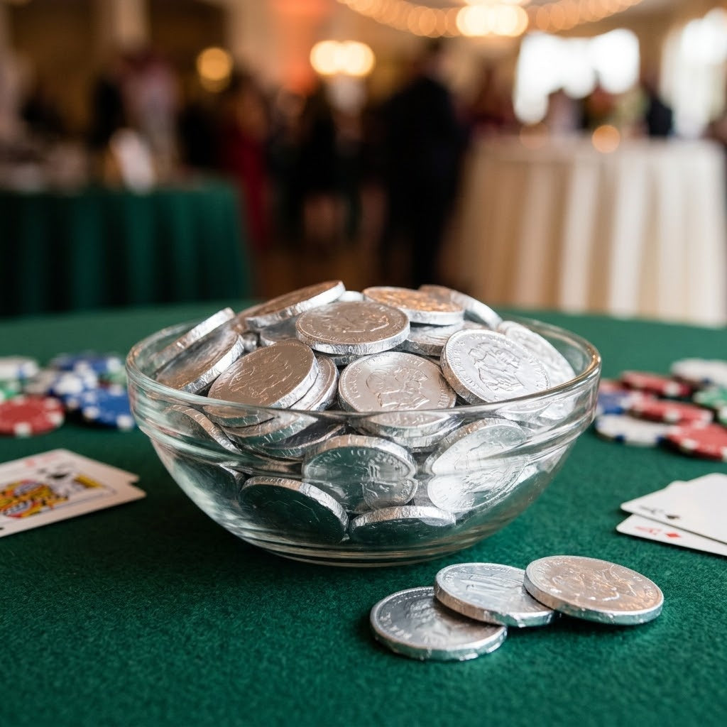 Silver foil wrapped chocolate coins in a glass bowl on a casino night fundraiser table, kosher, made in Chestnut Hill MA