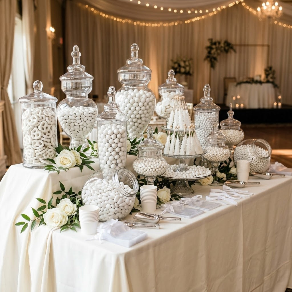 White candy buffet with glass apothecary jars of white candies styled for a wedding reception, kosher, made in Chestnut Hill MA