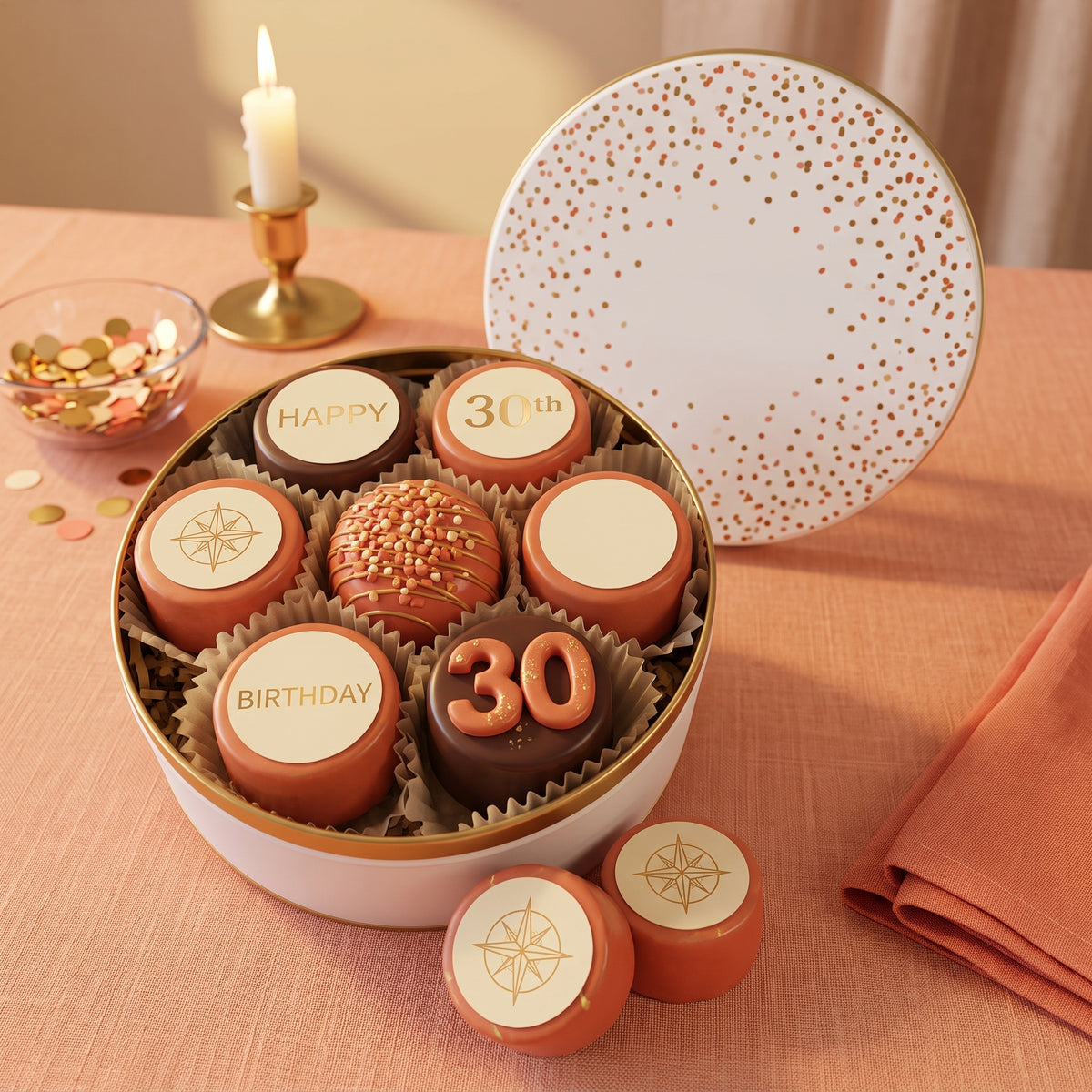 Fourteen custom logo chocolate dipped Oreos wrapped in warm coral foil with Happy 30th Birthday printed stickers and a sugar 30 topper, packed in a keepsake tin with a confetti lid, set on a home dining table for a birthday party