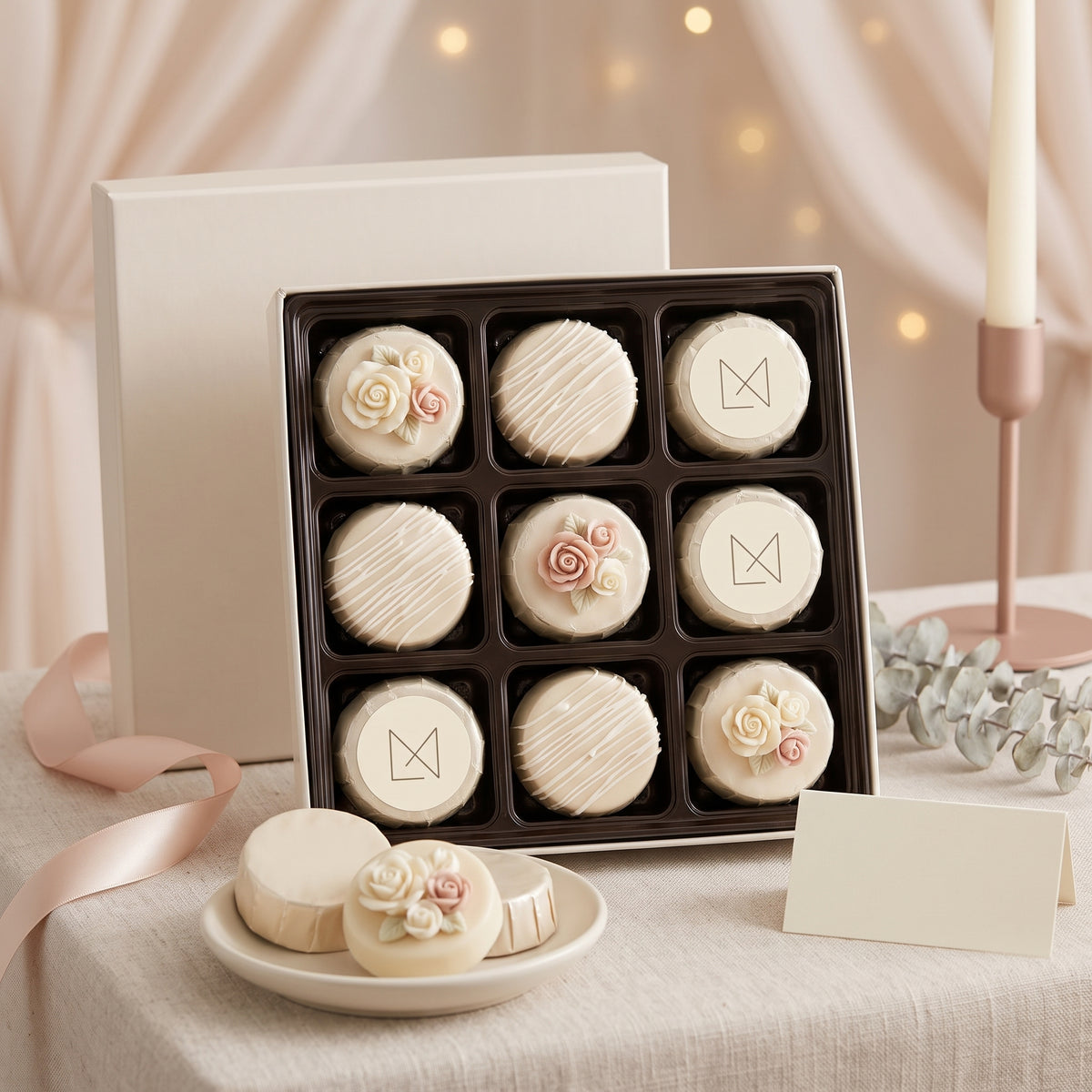 Nine custom logo chocolate dipped Oreos in ivory and blush with sugar flower and monogram details, packed in a gift box tied with a blush ribbon, set on a wedding welcome table with eucalyptus and a taper candle