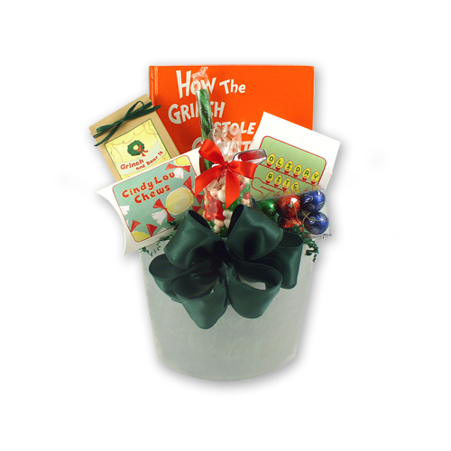 Grinch and Bear It Christmas gift basket with the hardcover book, Cindy Lou chews, jelly beans and chocolate ornaments