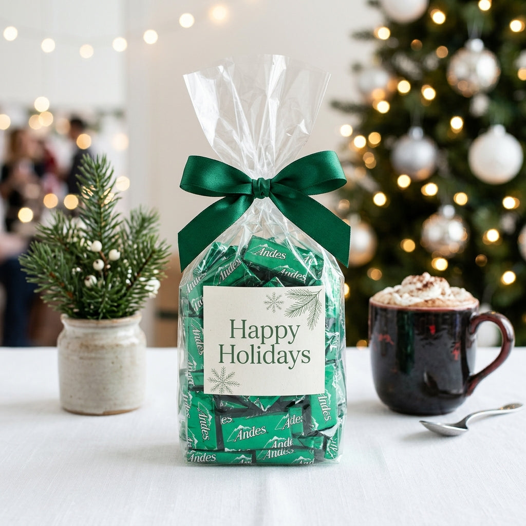 Andes mints candy bag tied with a green ribbon and a printed Happy Holidays snowflake graphic label at an office holiday party, kosher, made in Chestnut Hill MA