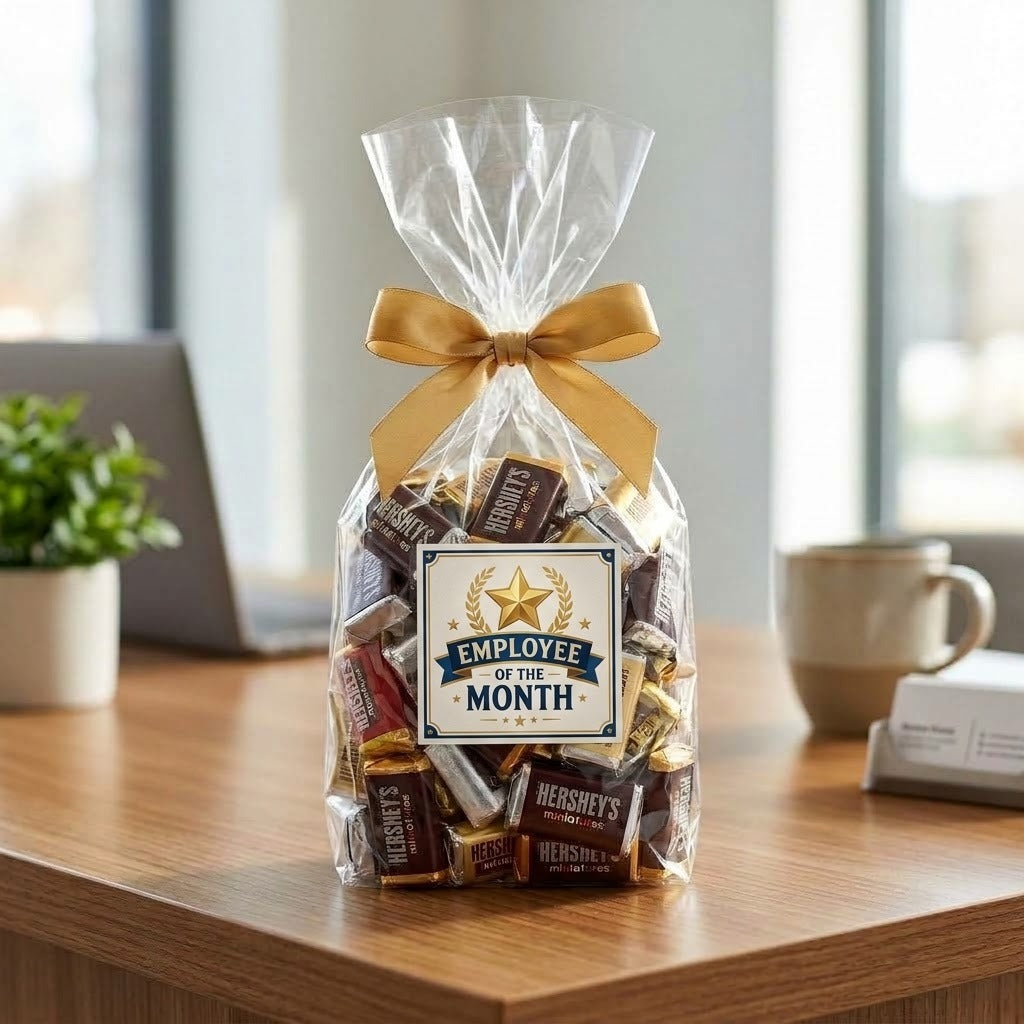 Custom wrapped Hershey's Miniatures candy bag tied with a gold ribbon and a printed Employee of the Month star badge graphic label on a corporate reception desk, kosher, made in Chestnut Hill MA