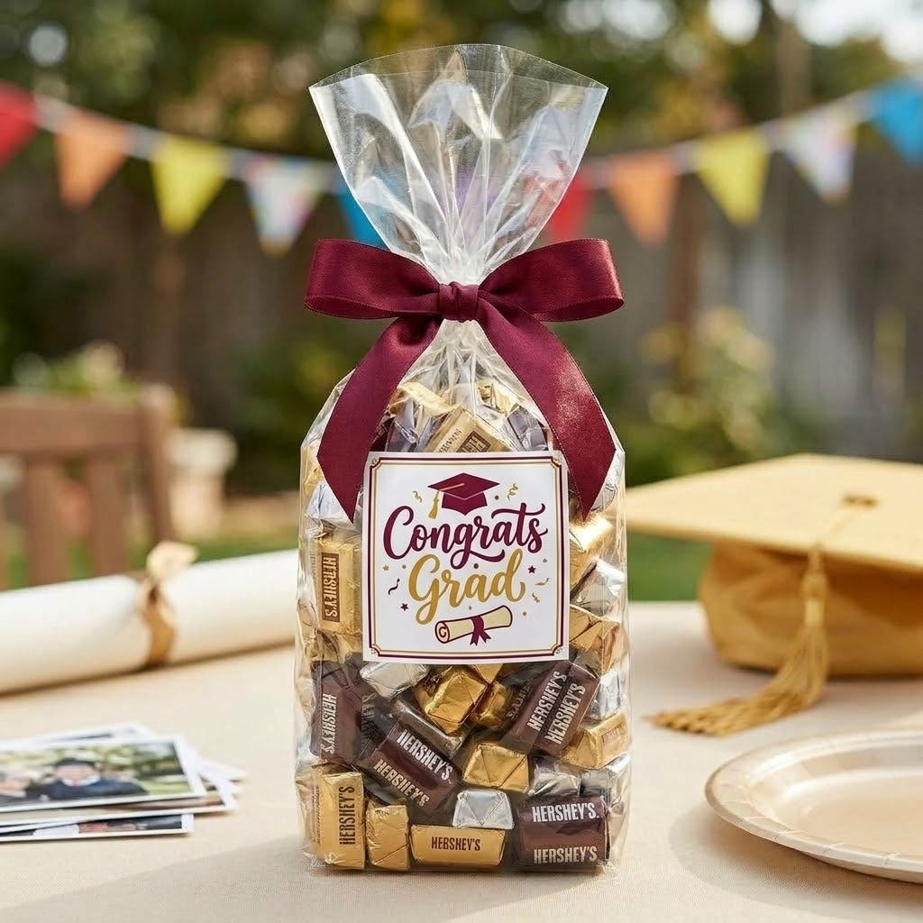 Hershey's Nuggets candy bag tied with a maroon ribbon and a printed Congrats Grad graduation cap graphic label on a graduation party table, kosher, made in Chestnut Hill MA