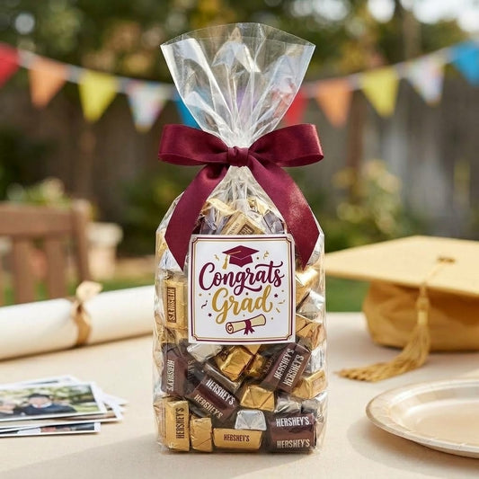 Hershey's Nuggets candy bag tied with a maroon ribbon and a printed Congrats Grad graduation cap graphic label on a graduation party table, kosher, made in Chestnut Hill MA