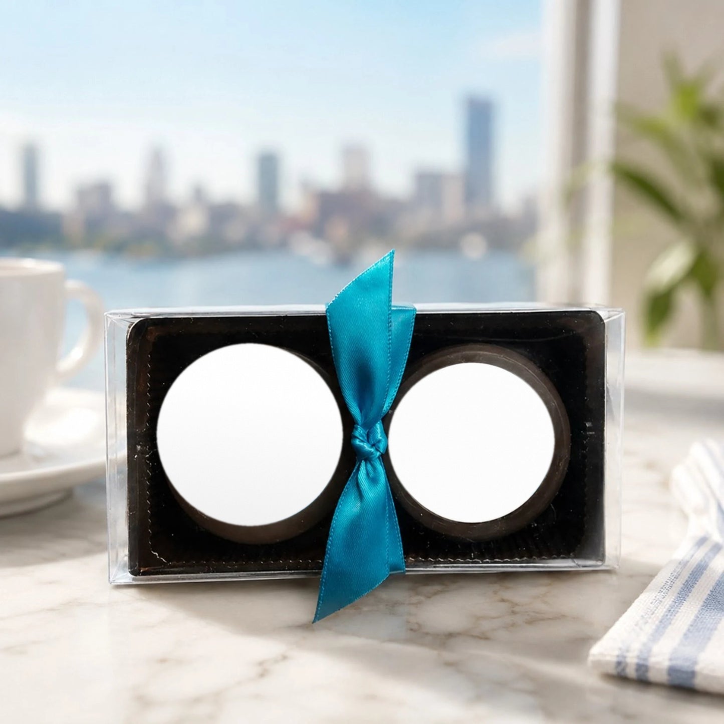 Two dark chocolate dipped Oreos with blank white logo discs in a clear box tied with a teal ribbon, ready for a custom logo
