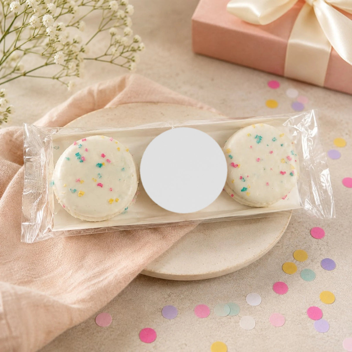 Three white chocolate dipped Oreos in a cellophane sleeve with a blank white round sticker, ready for a custom logo