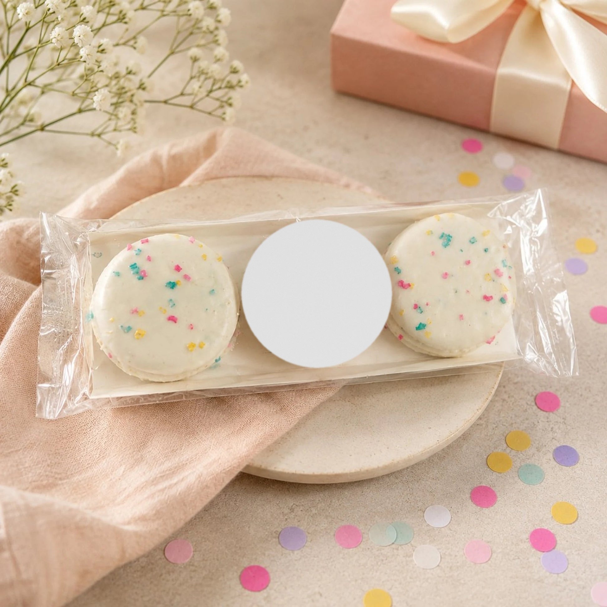 Three white chocolate dipped Oreos in a cellophane sleeve with a blank white round sticker, ready for a custom logo
