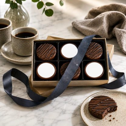 Six milk chocolate dipped Oreos with blank white logo discs and a plain navy ribbon in a kraft gift box, ready for a custom logo