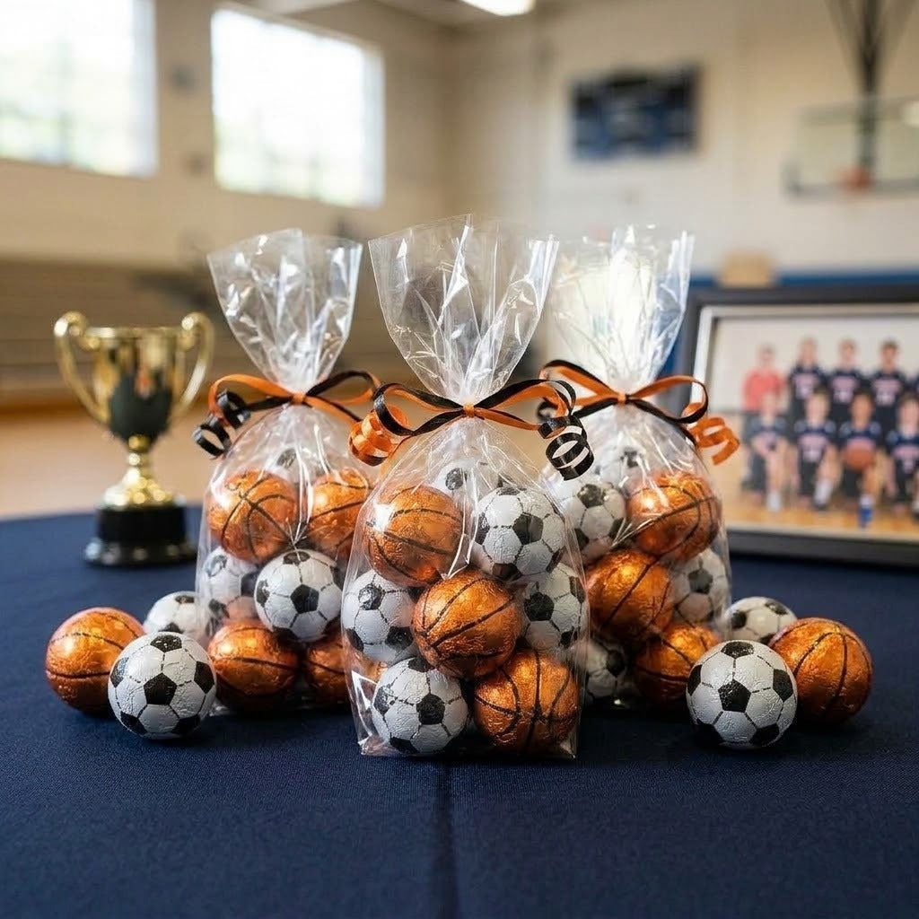 Chocolate basketballs and soccer balls packed in clear cellophane party favor bags tied with orange and black ribbon