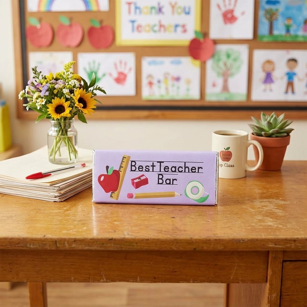 Best Teacher wrapped Hershey bar styled as a teacher appreciation gift