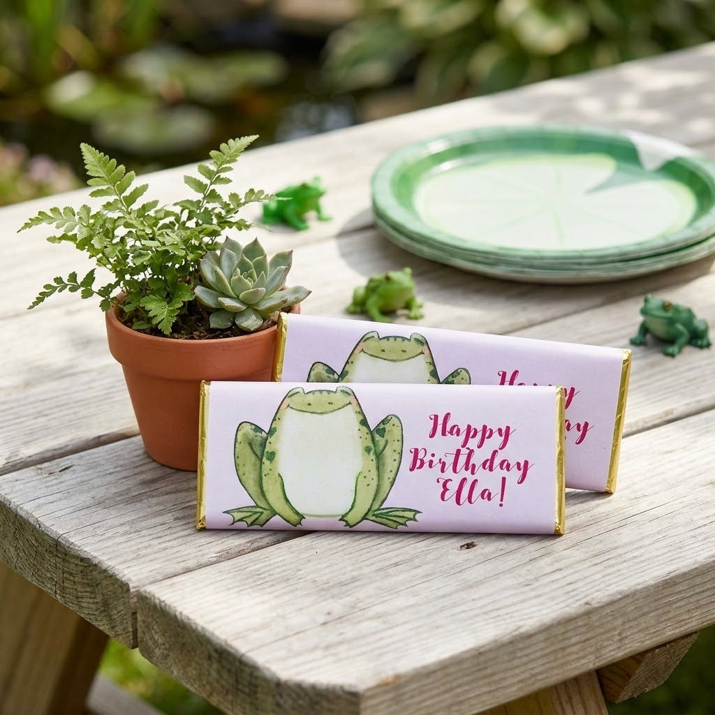 Frog design, personalized Hershey bars styled on an outdoor picnic table with a garden pond theme