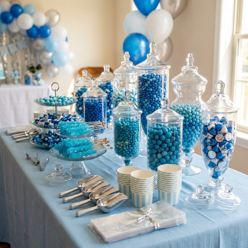 Blue candy buffet with glass apothecary jars of blue candies styled for a birthday party, kosher, made in Chestnut Hill MA