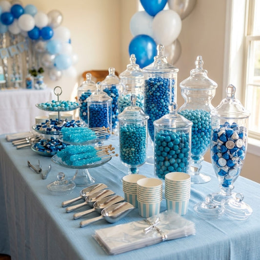 Blue candy buffet with glass apothecary jars of blue candies styled for a birthday party, kosher, made in Chestnut Hill MA