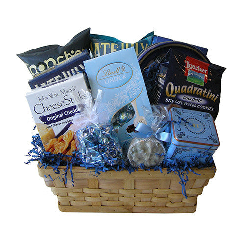 Blue Skies to You gift basket with hot cocoa, tea, chocolates, caramels, biscotti, Kettle chips and cranberry nut mix