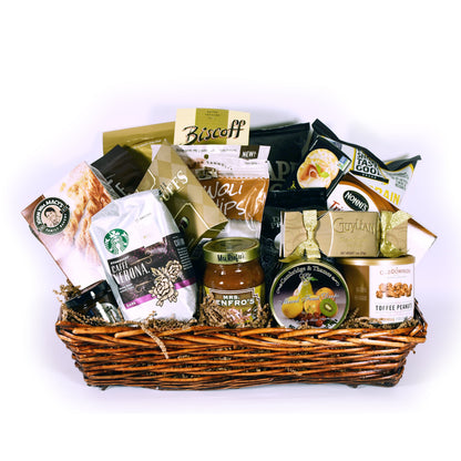 Bountiful Treasure gold gift basket with chocolate truffles, brownie brittle, cannoli chips, biscotti, chips, salsa and coffee
