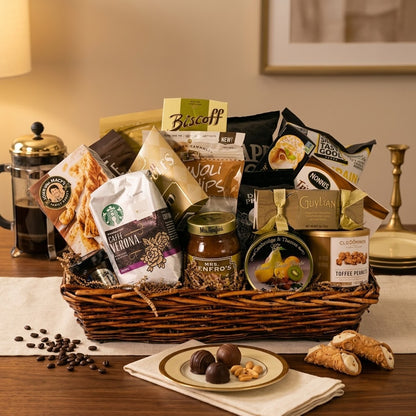 Bountiful Treasure gift basket styled on a walnut sideboard with a French press, gold plates and a plate of Belgian truffles and toffee peanuts