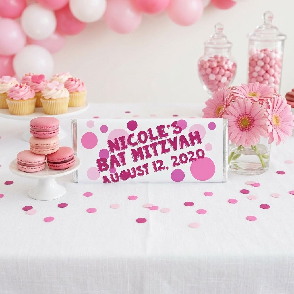 Bubble design, Bubble Bat Mitzvah wrapped Hershey bar styled on a bat mitzvah dessert table