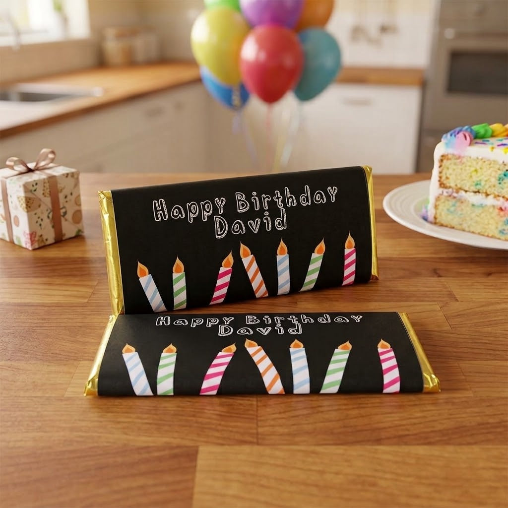 Candles design, personalized Hershey bars in gift box on a kitchen counter with birthday balloons and cake