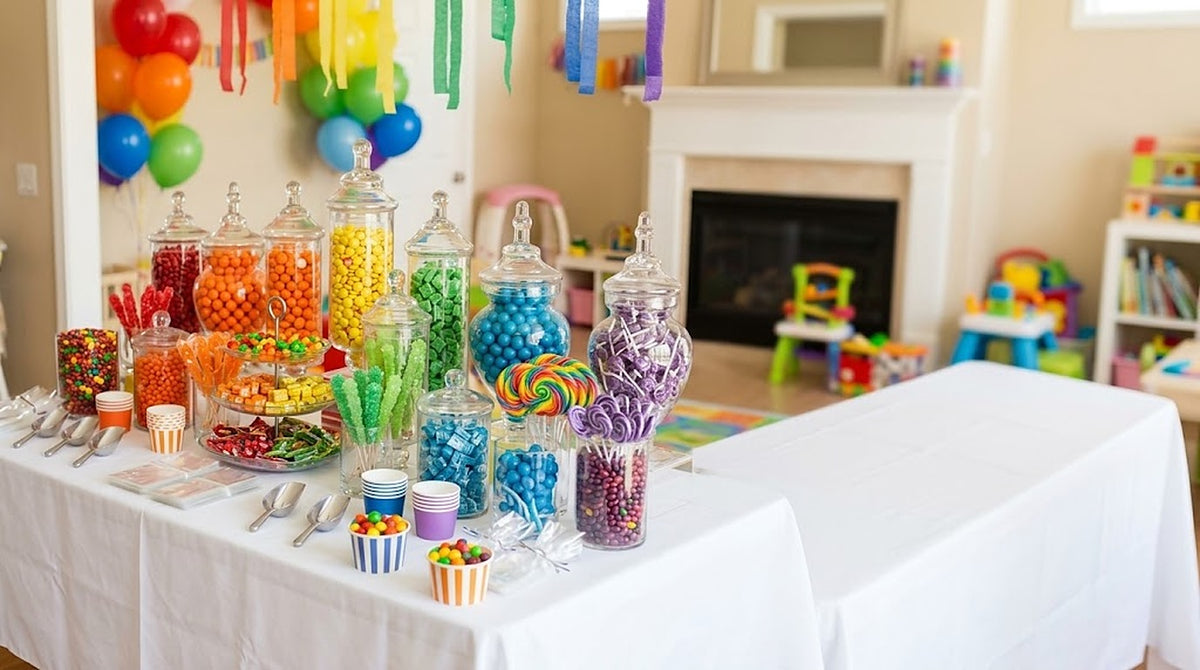 Rainbow candy buffet table with glass apothecary jars of red, orange, yellow, green, blue and purple candy at a birthday party